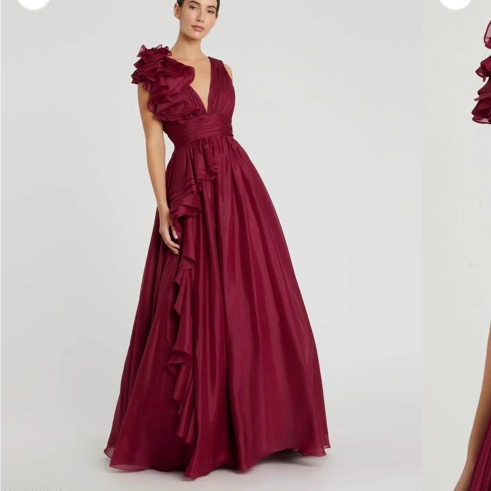 Mac Duggal Burgundy Ruffled Maxi Dress